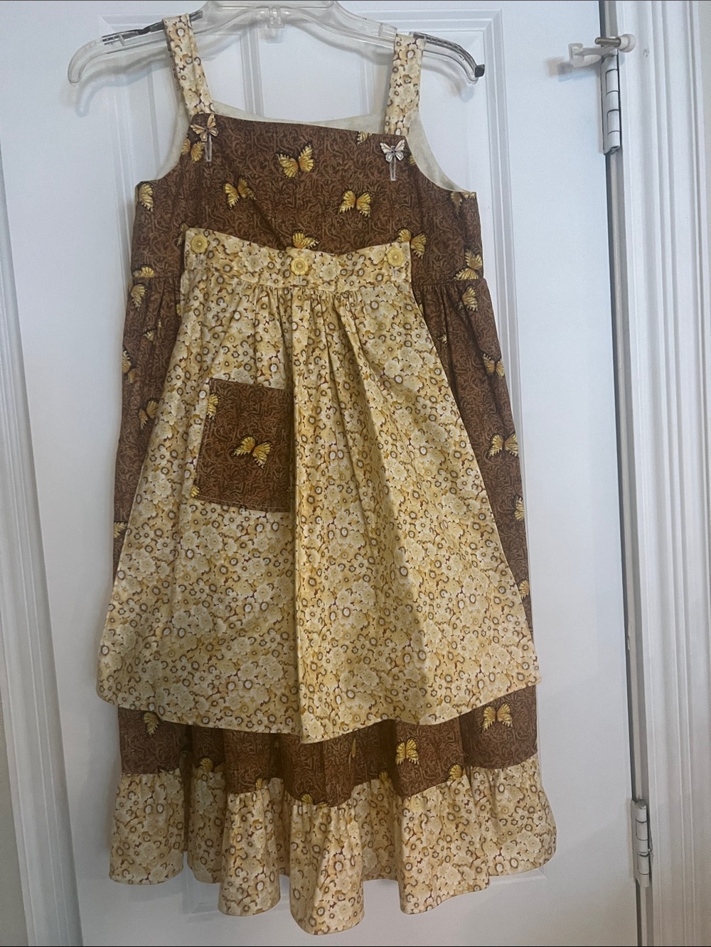 Handmade Yellow & Brown Floral Butterflies Apron Dress Sz 5/6